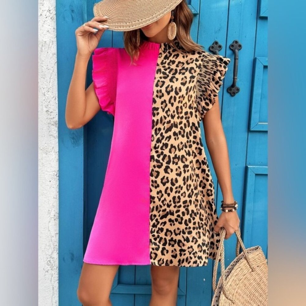 Leopard Color Block Ruffle Sleeve Dress - Picture 2 of 10